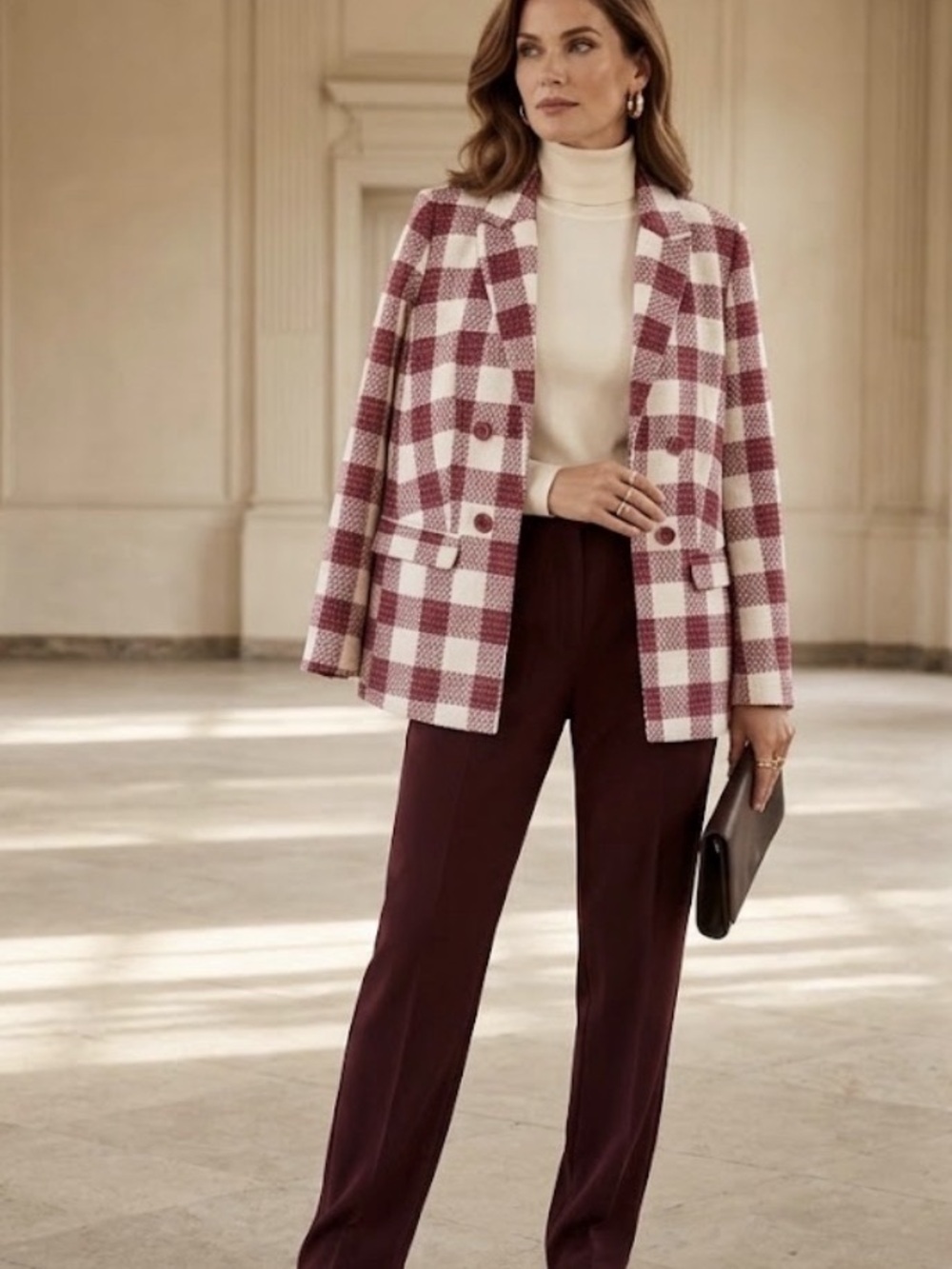 Liz Claiborne Checkered Blazer in Burgundy & White Size 8P